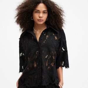 BRAND NEW All Saints Charli Relaxed Fit Embroidered Shirt, Black, W4, NEVER WORN